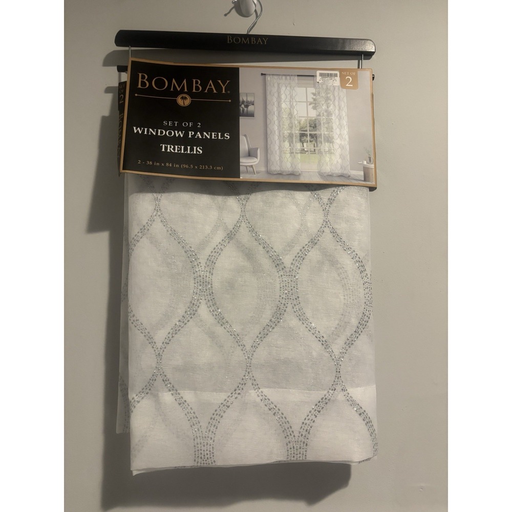Bombay Window Panel 84" Silver Trellis Pattern‎ Embroidered Window Curtain Panel